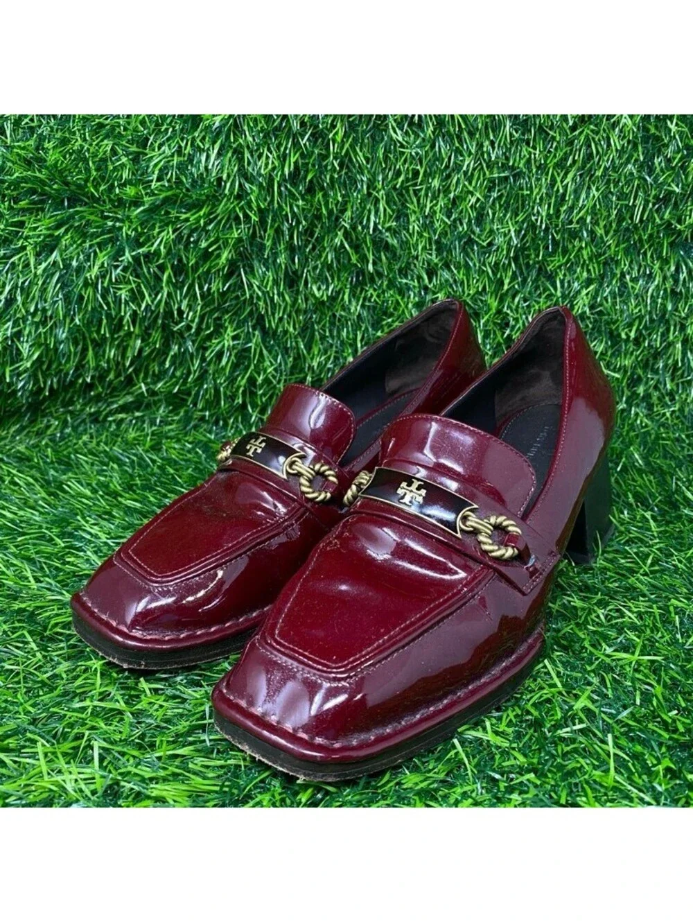 Tory Burch Perrine Patent Leather Mid Heel 55 mm Loafer Womens 7.5M Rubino 2233
